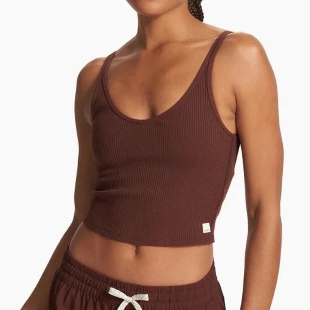 Vuori Ribbed Cropped Tank Top Criss Cross Small Brown Athletic Athleisure